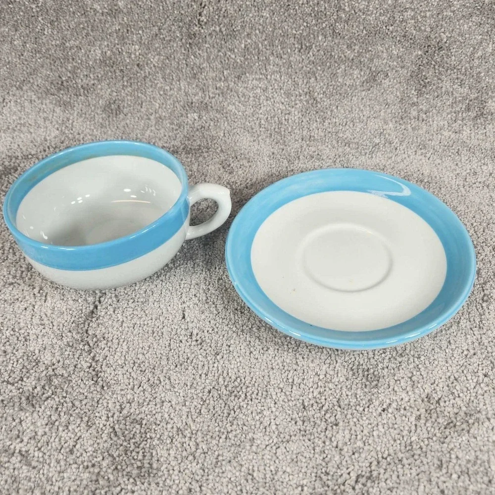 Shenango‎ China Cup and Saucer Blue Band Restaurant Ware White Vintage USA N-9